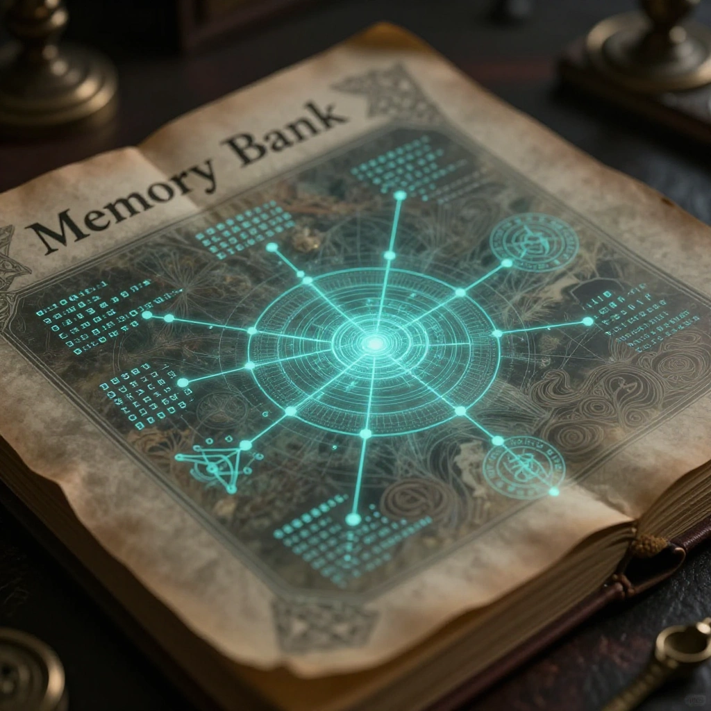 A grimoire-like knowledge system rendered as a technical blueprint