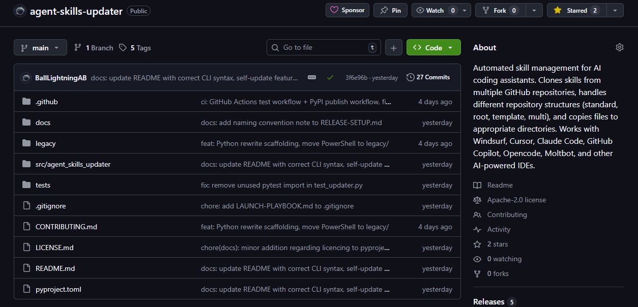 Terminal window showing the agent-skills-update CLI in action