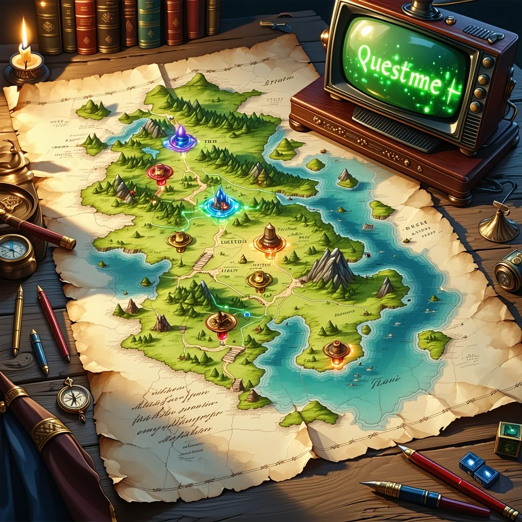 A map with quest markers, tools, and a glowing terminal window